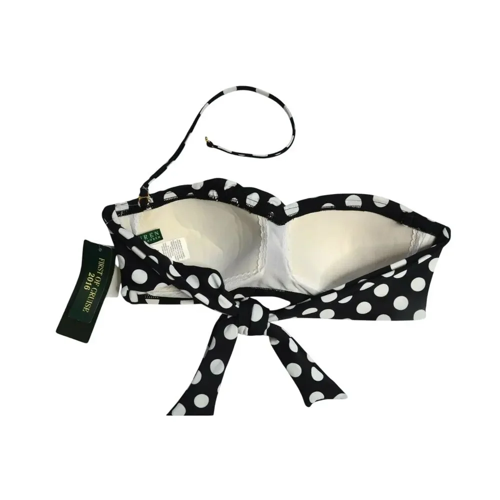 RALPH LAUREN Women's Black & White Polka Dot Bikini Top w/ Halter Strap